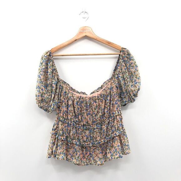 ASTR The Label Ruffle Ruched Short Sleeve Top‎ PEACH BLUE DITSY M - Picture 6 of 8
